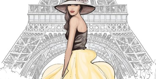 Femme apprêtée devant la tour Eiffel